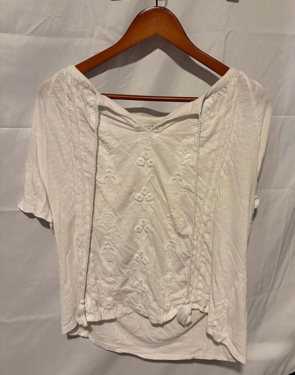 Lucky Brand White Embroidered Off-the-Shoulder Top with Tassels, Size L/G